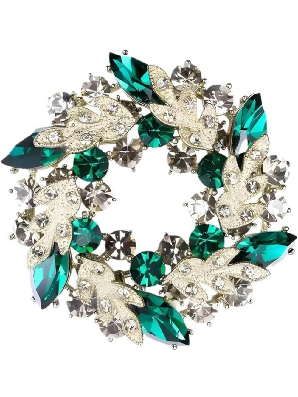 Anthropologie Gold-Tone Emerald and Clear Crystal Leaf Wreath Brooch